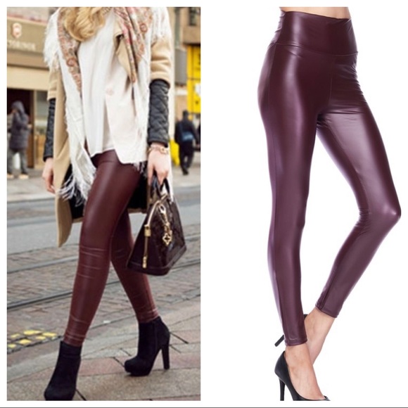 HIGH WAIST BURGUNDY FAUX LEATHER LEGGINGS - Picture 2 of 7